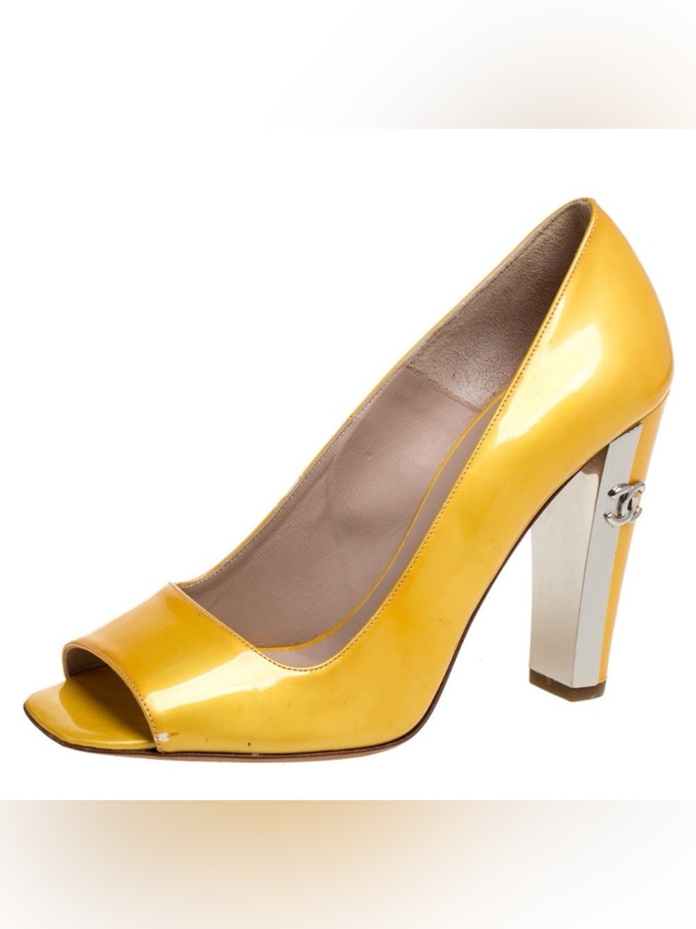 CHANEL Yellow Peep-Toe Patent Leather Pumps- Sz 37/6.5US